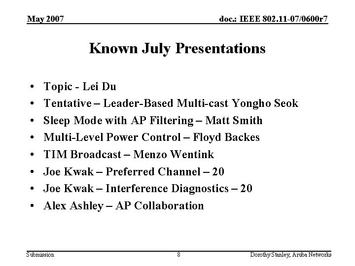 May 2007 doc. : IEEE 802. 11 -07/0600 r 7 Known July Presentations •