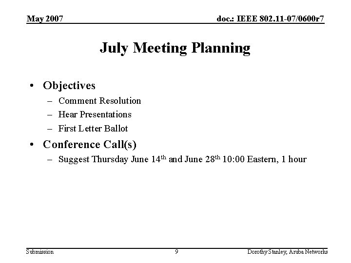 May 2007 doc. : IEEE 802. 11 -07/0600 r 7 July Meeting Planning •