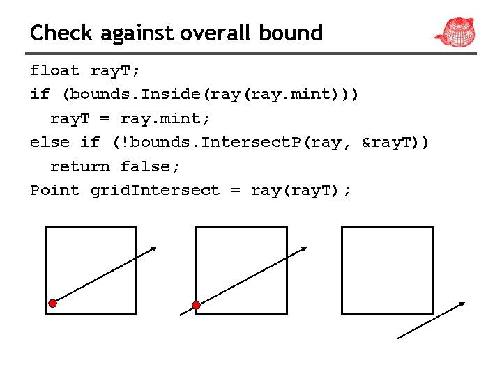 Check against overall bound float ray. T; if (bounds. Inside(ray. mint))) ray. T =
