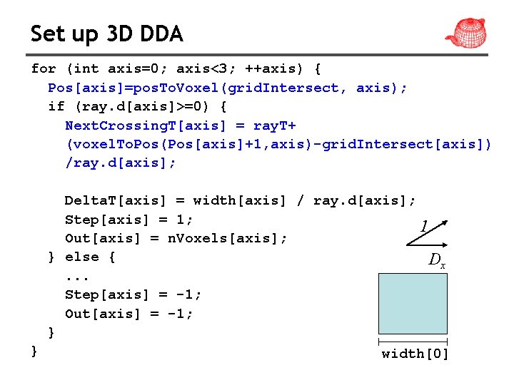 Set up 3 D DDA for (int axis=0; axis<3; ++axis) { Pos[axis]=pos. To. Voxel(grid.