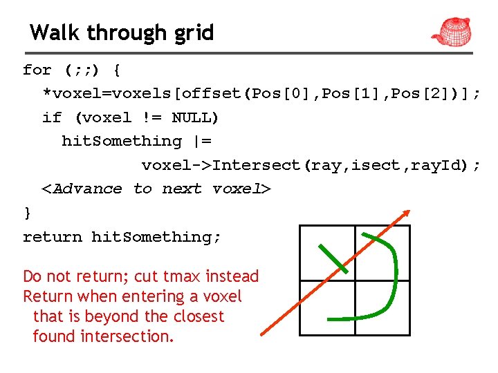Walk through grid for (; ; ) { *voxel=voxels[offset(Pos[0], Pos[1], Pos[2])]; if (voxel !=