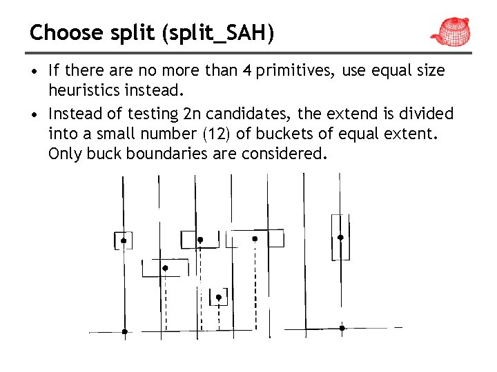 Choose split (split_SAH) • If there are no more than 4 primitives, use equal