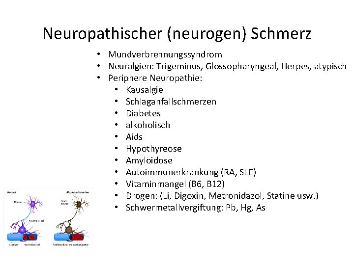Neuropathischer (neurogen) Schmerz • Mundverbrennungssyndrom • Neuralgien: Trigeminus, Glossopharyngeal, Herpes, atypisch • Periphere Neuropathie: