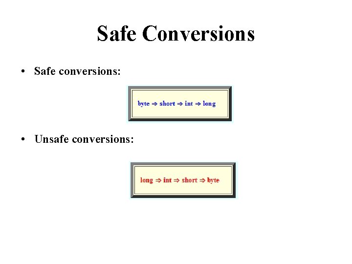 Safe Conversions • Safe conversions: • Unsafe conversions: 