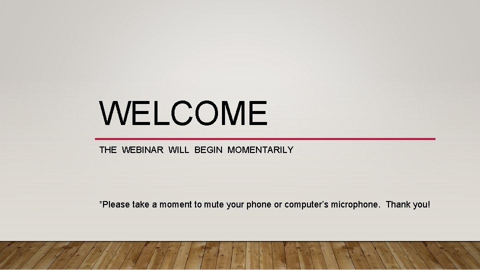 WELCOME THE WEBINAR WILL BEGIN MOMENTARILY *Please take a moment to mute your phone