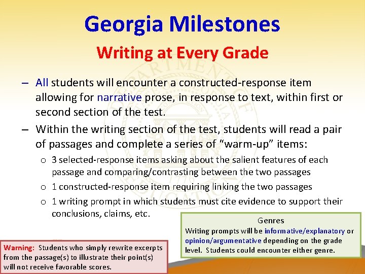 Georgia Milestones Writing at Every Grade – All students will encounter a constructed-response item