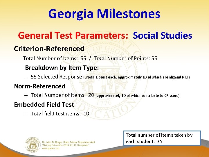 Georgia Milestones General Test Parameters: Social Studies Criterion-Referenced Total Number of Items: 55 /