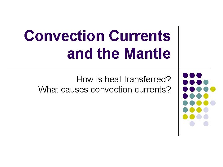 Convection Currents and the Mantle How is heat transferred? What causes convection currents? 