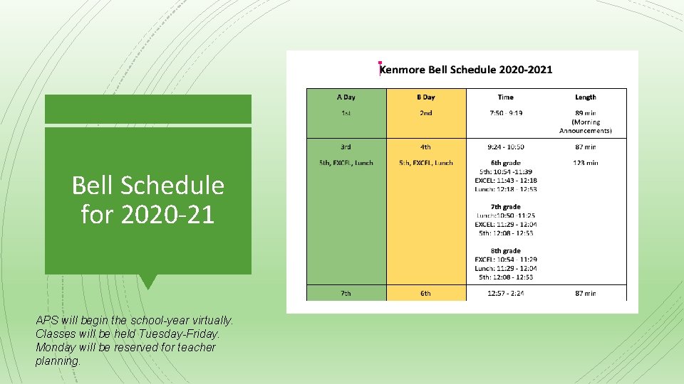 Bell Schedule for 2020 -21 APS will begin the school-year virtually. Classes will be