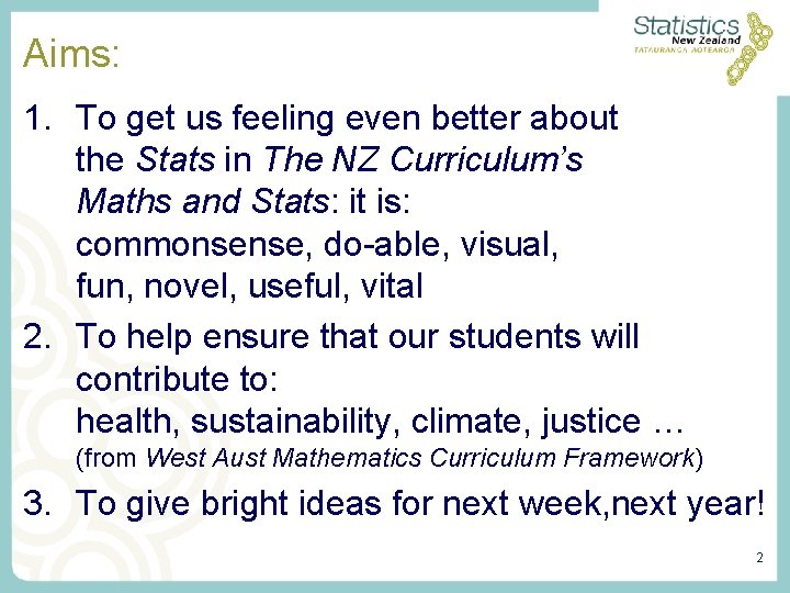 Aims: 1. To get us feeling even better about the Stats in The NZ Aims: 1. To get us feeling even better about the Stats in The NZ