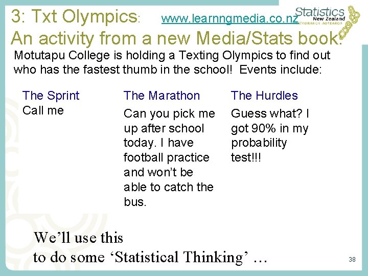 3: Txt Olympics: www. learnngmedia. co. nz An activity from a new Media/Stats book: 3: Txt Olympics: www. learnngmedia. co. nz An activity from a new Media/Stats book: