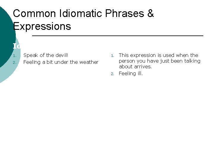 Common Idiomatic Phrases & Expressions Idiom 1. 2. Speak of the devil! Feeling a