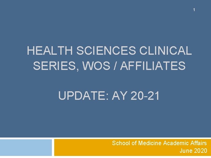 1 HEALTH SCIENCES CLINICAL SERIES, WOS / AFFILIATES UPDATE: AY 20 -21 School of
