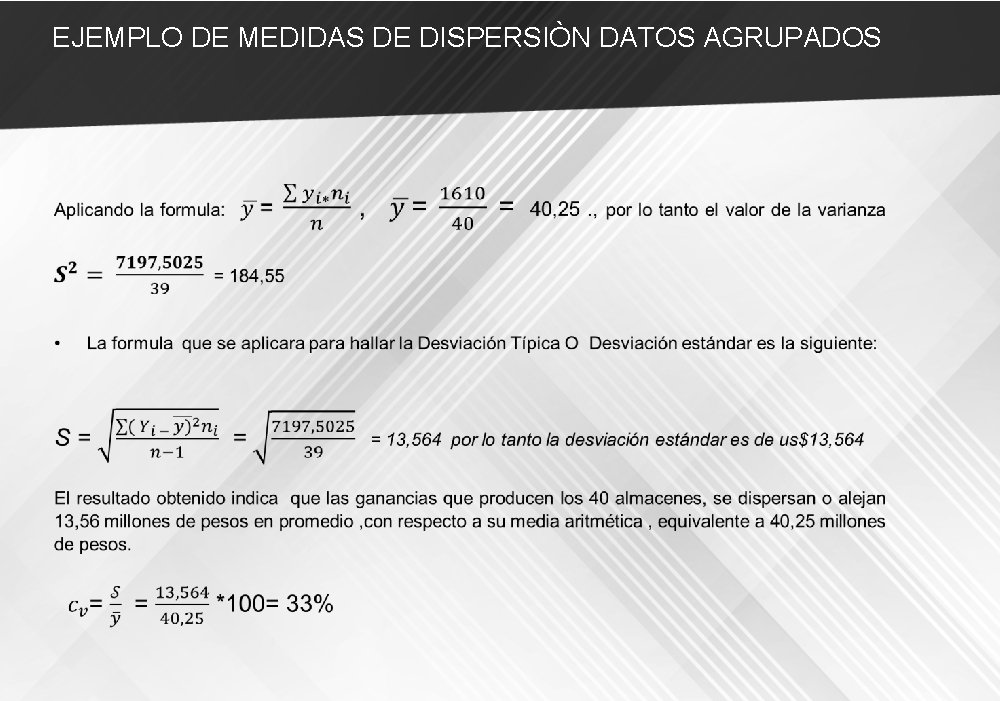 EJEMPLO DE MEDIDAS DE DISPERSIÒN DATOS AGRUPADOS 