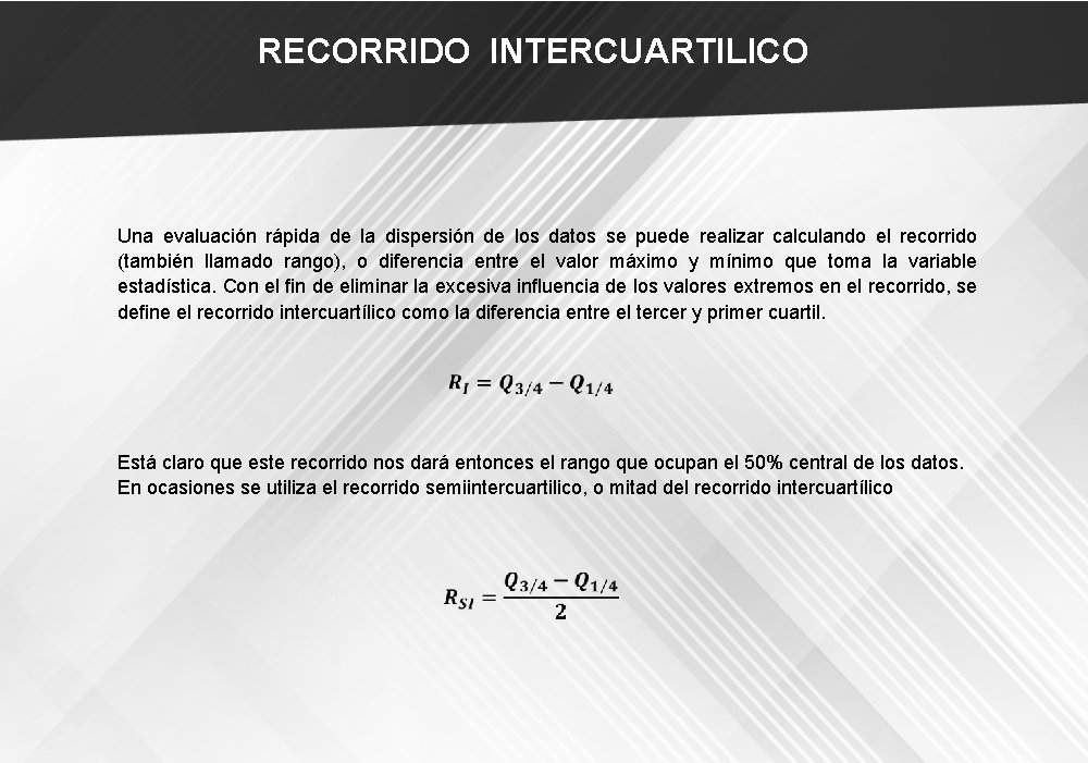 RECORRIDO INTERCUARTILICO Una evaluación rápida de la dispersión de los datos se puede realizar