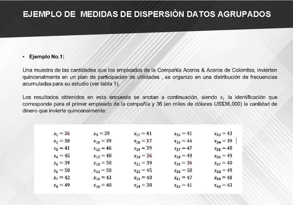 EJEMPLO DE MEDIDAS DE DISPERSIÒN DATOS AGRUPADOS 