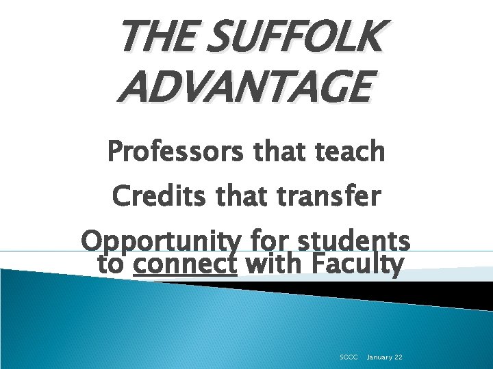 THE SUFFOLK ADVANTAGE Professors that teach Credits that transfer Opportunity for students to connect