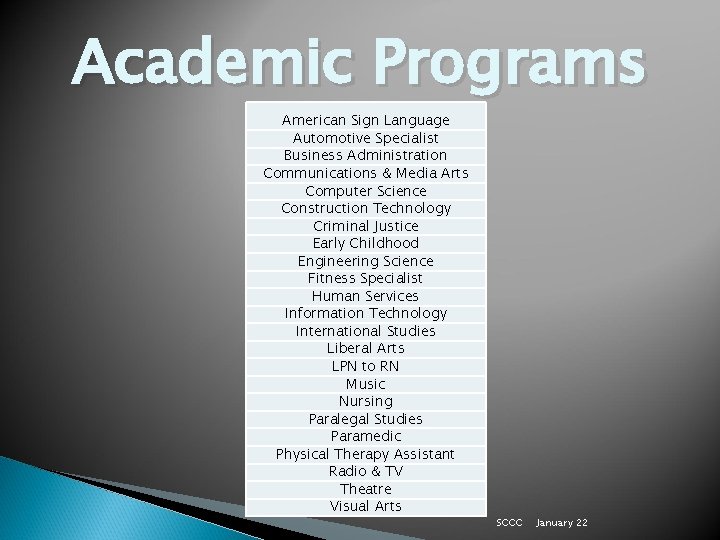 Academic Programs American Sign Language Automotive Specialist Business Administration Communications & Media Arts Computer