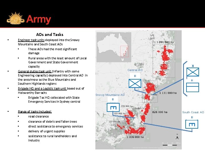 AOs and Tasks • • Engineer task units deployed into the Snowy Mountains and