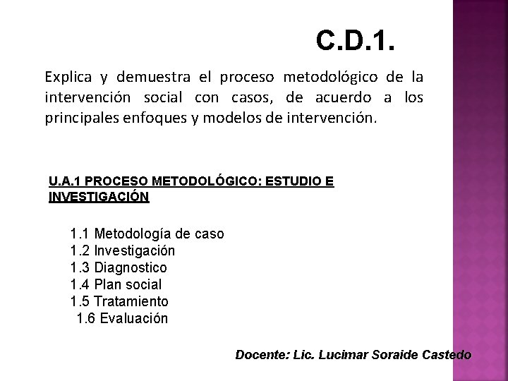C. D. 1. Explica y demuestra el proceso metodológico de la intervención social con C. D. 1. Explica y demuestra el proceso metodológico de la intervención social con