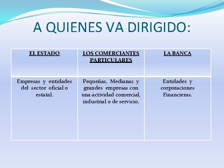 A QUIENES VA DIRIGIDO: EL ESTADO LOS COMERCIANTES PARTICULARES LA BANCA Empresas y entidades