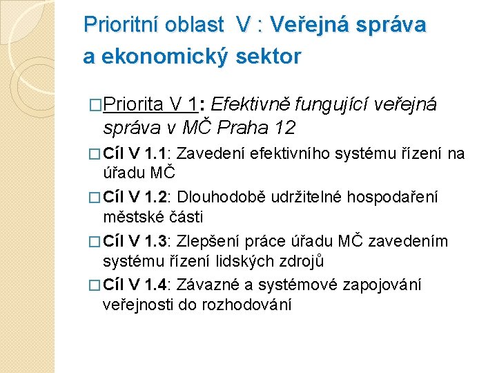 Prioritní oblast V : Veřejná správa a ekonomický sektor �Priorita V 1: Efektivně fungující