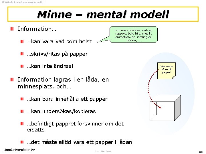 1 DV 433 – Strukturerad programmering med C++ Minne – mental modell Information… nummer,