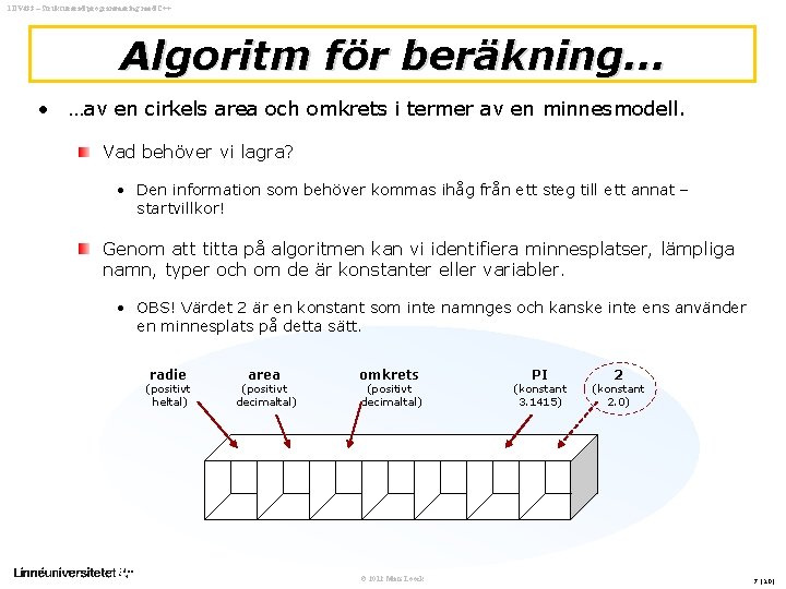 1 DV 433 – Strukturerad programmering med C++ Algoritm för beräkning… • …av en