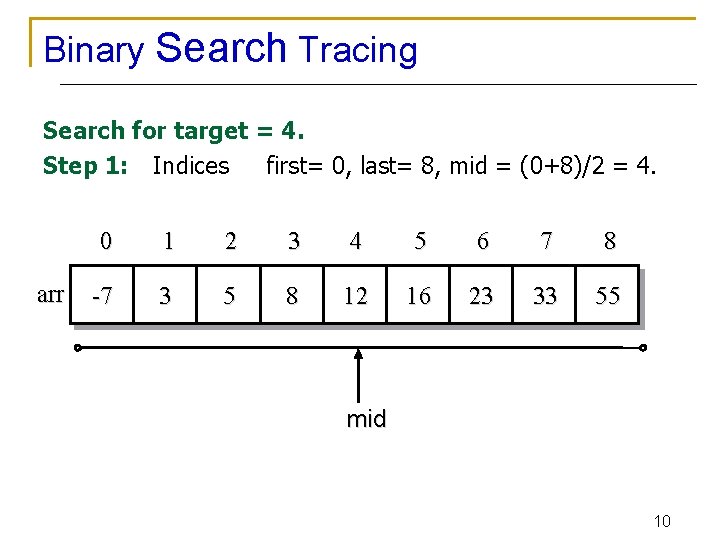 Binary Search Tracing Search for target = 4. Step 1: Indices first= 0, last=