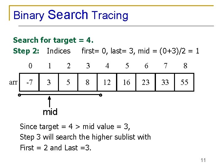 Binary Search Tracing Search for target = 4. Step 2: Indices first= 0, last=