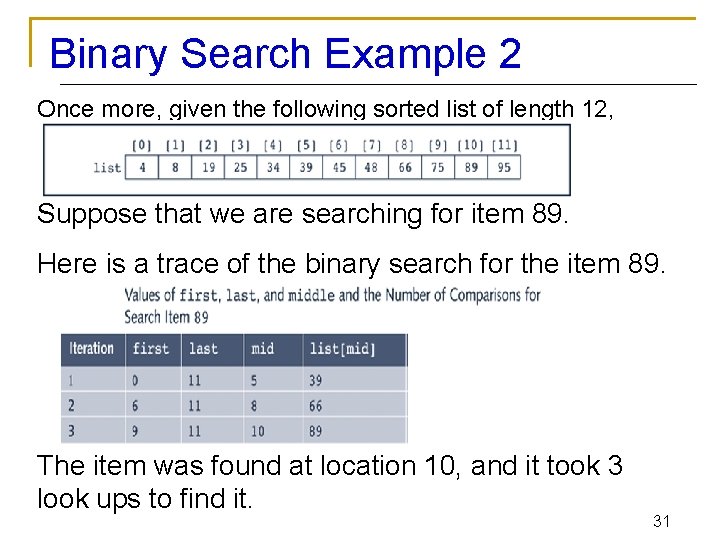 Binary Search Example 2 Once more, given the following sorted list of length 12,