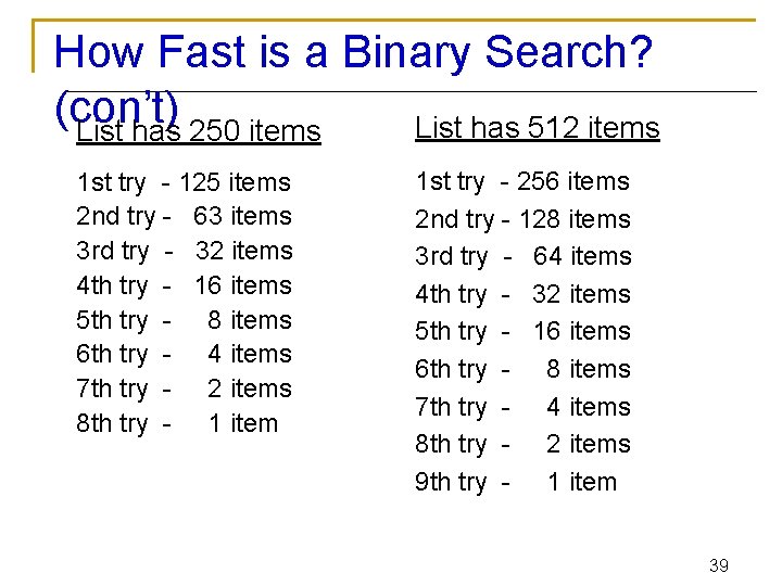 How Fast is a Binary Search? (con’t) List has 512 items List has 250