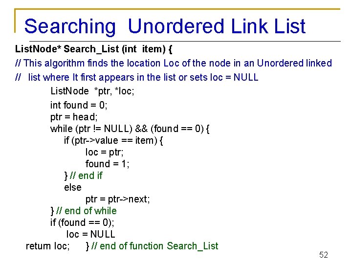 Searching Unordered Link List. Node* Search_List (int item) { // This algorithm finds the