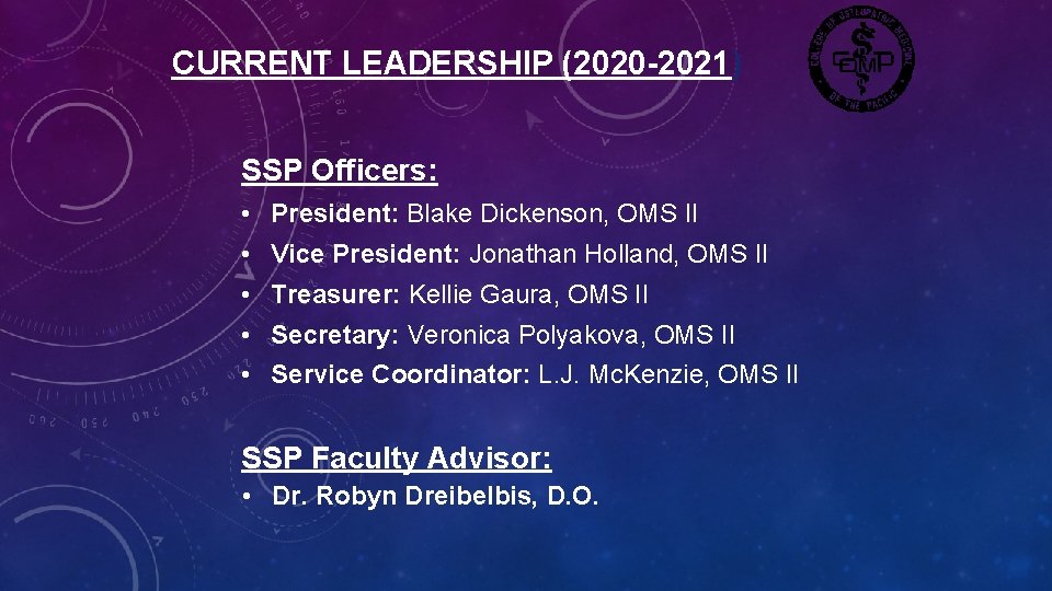 CURRENT LEADERSHIP (2020 -2021) SSP Officers: • President: Blake Dickenson, OMS II • Vice