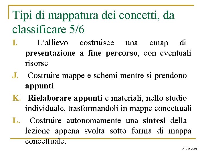 Tipi di mappatura dei concetti, da classificare 5/6 I. L’allievo costruisce una cmap di