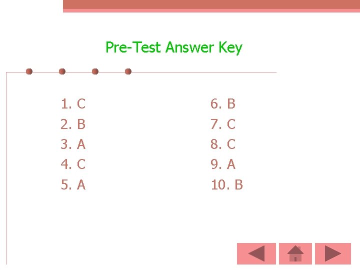 Pre-Test Answer Key 1. 2. 3. 4. 5. C B A C A 6.