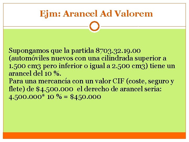Ejm: Arancel Ad Valorem Supongamos que la partida 8703. 32. 19. 00 (automóviles nuevos