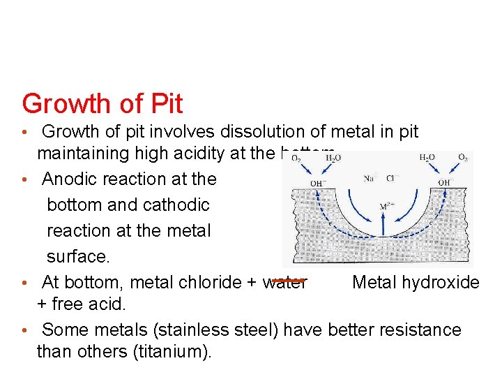 Growth of Pit • Growth of pit involves dissolution of metal in pit maintaining