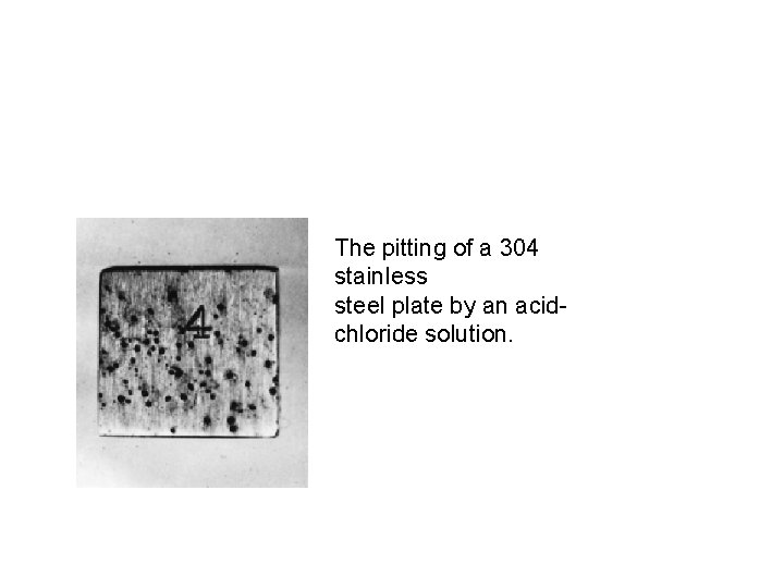 The pitting of a 304 stainless steel plate by an acidchloride solution. 