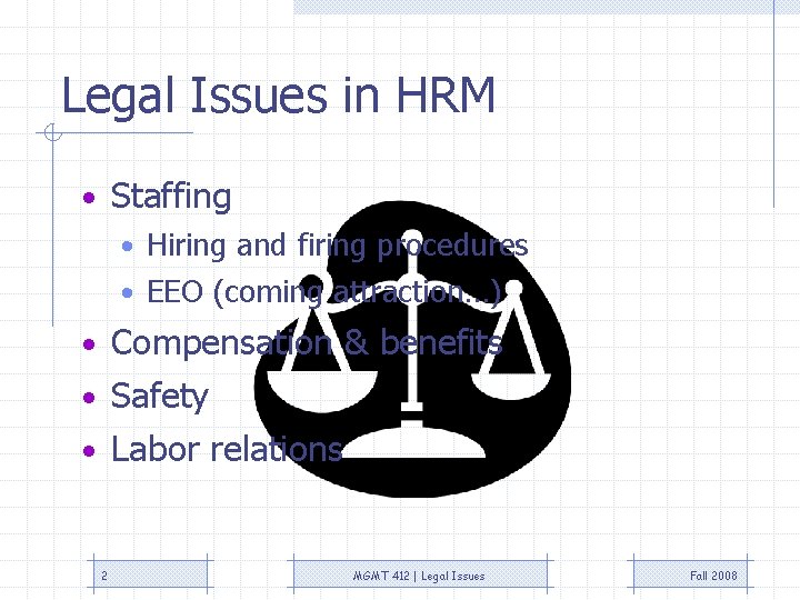 Legal Issues in HRM • Staffing • Hiring and firing procedures • EEO (coming Legal Issues in HRM • Staffing • Hiring and firing procedures • EEO (coming