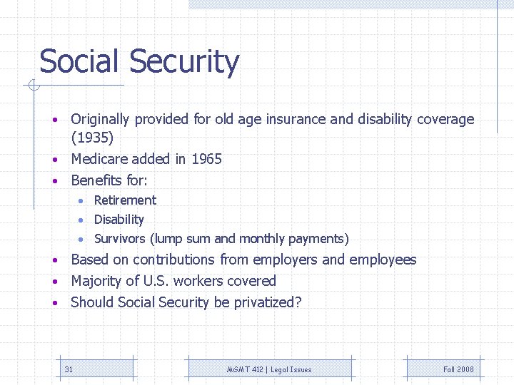 Social Security Originally provided for old age insurance and disability coverage (1935) • Medicare Social Security Originally provided for old age insurance and disability coverage (1935) • Medicare
