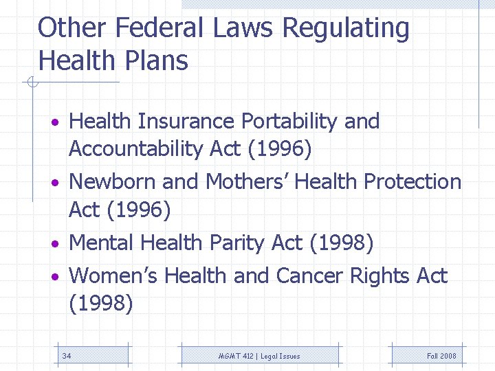 Other Federal Laws Regulating Health Plans • Health Insurance Portability and Accountability Act (1996) Other Federal Laws Regulating Health Plans • Health Insurance Portability and Accountability Act (1996)
