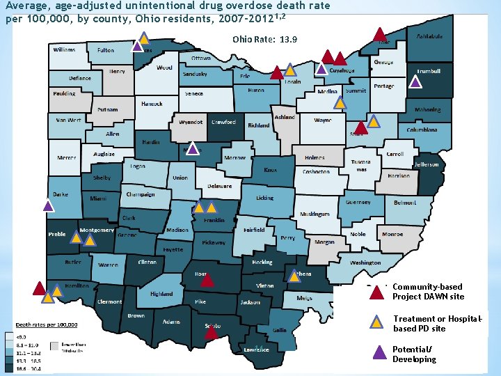 Average, age-adjusted unintentional drug overdose death rate per 100, 000, by county, Ohio residents,