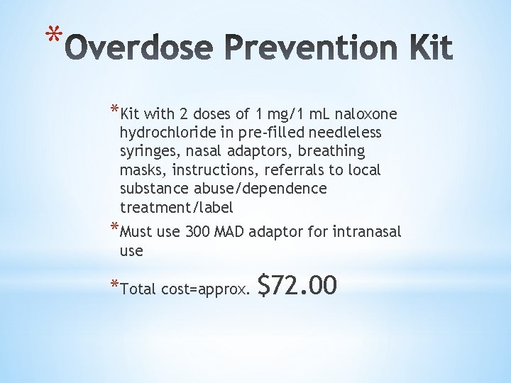 * *Kit with 2 doses of 1 mg/1 m. L naloxone hydrochloride in pre‐filled