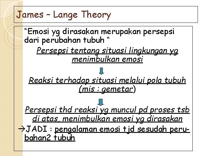 James – Lange Theory “Emosi yg dirasakan merupakan persepsi dari perubahan tubuh “ Persepsi