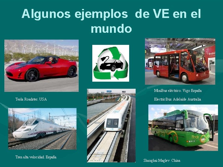 Algunos ejemplos de VE en el mundo Mini. Bus eléctrico. Vigo España Tesla Roadster.