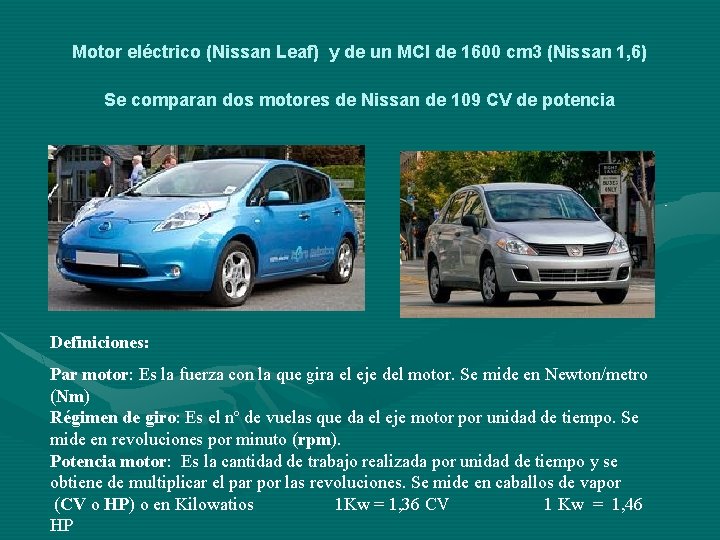 Motor eléctrico (Nissan Leaf) y de un MCI de 1600 cm 3 (Nissan 1,