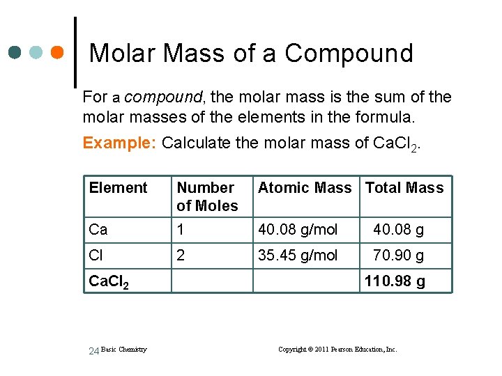 Molar Mass of a Compound For a compound, the molar mass is the sum
