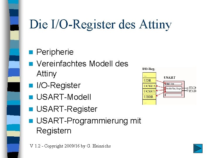 Die I/O-Register des Attiny n n n Peripherie Vereinfachtes Modell des Attiny I/O-Register USART-Modell