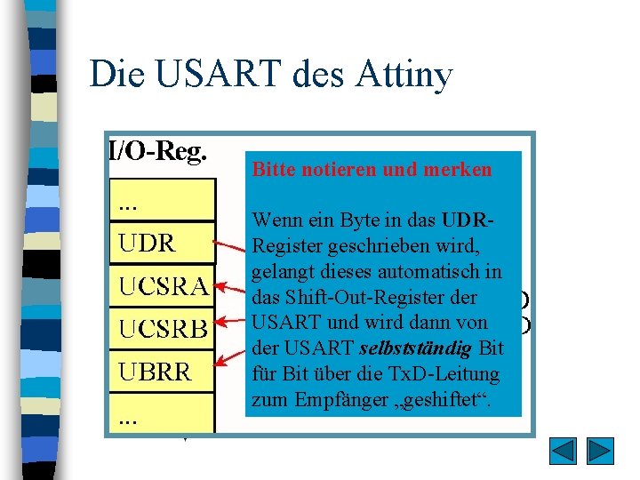 Die USART des Attiny Bitte notieren und merken Wenn ein Byte in das UDRRegister